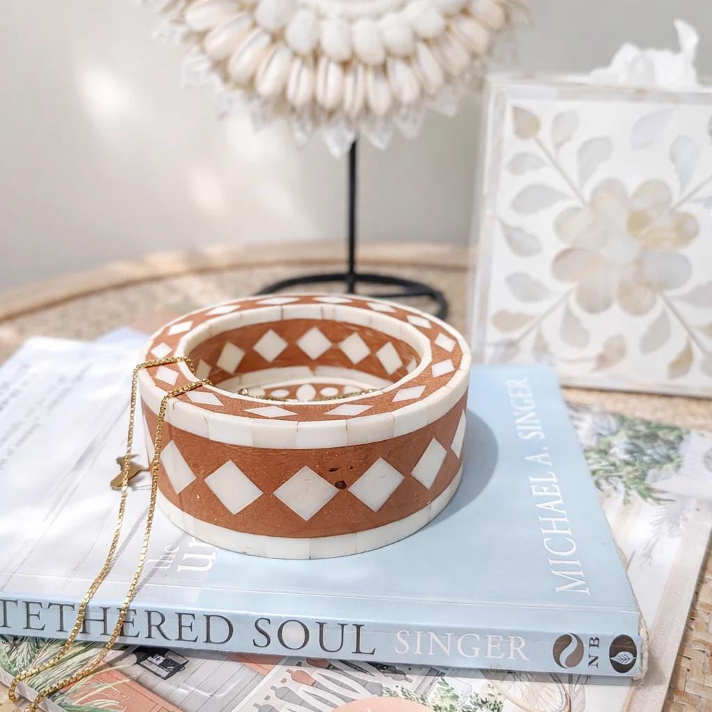 Round Bone Inlay Trinket Tray Handmade Jewelry Dish Luxury Vanity Decor
