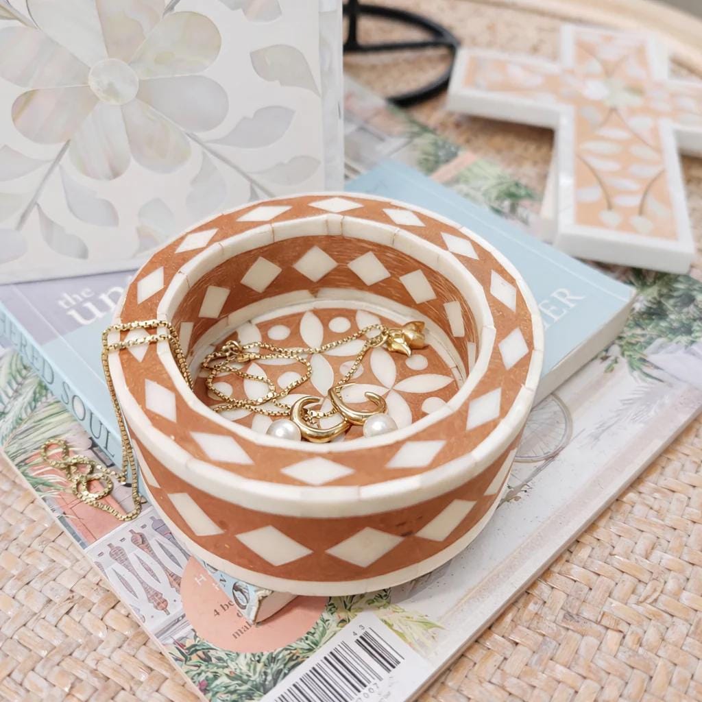 Round Bone Inlay Trinket Tray Handmade Jewelry Dish Luxury Vanity Decor