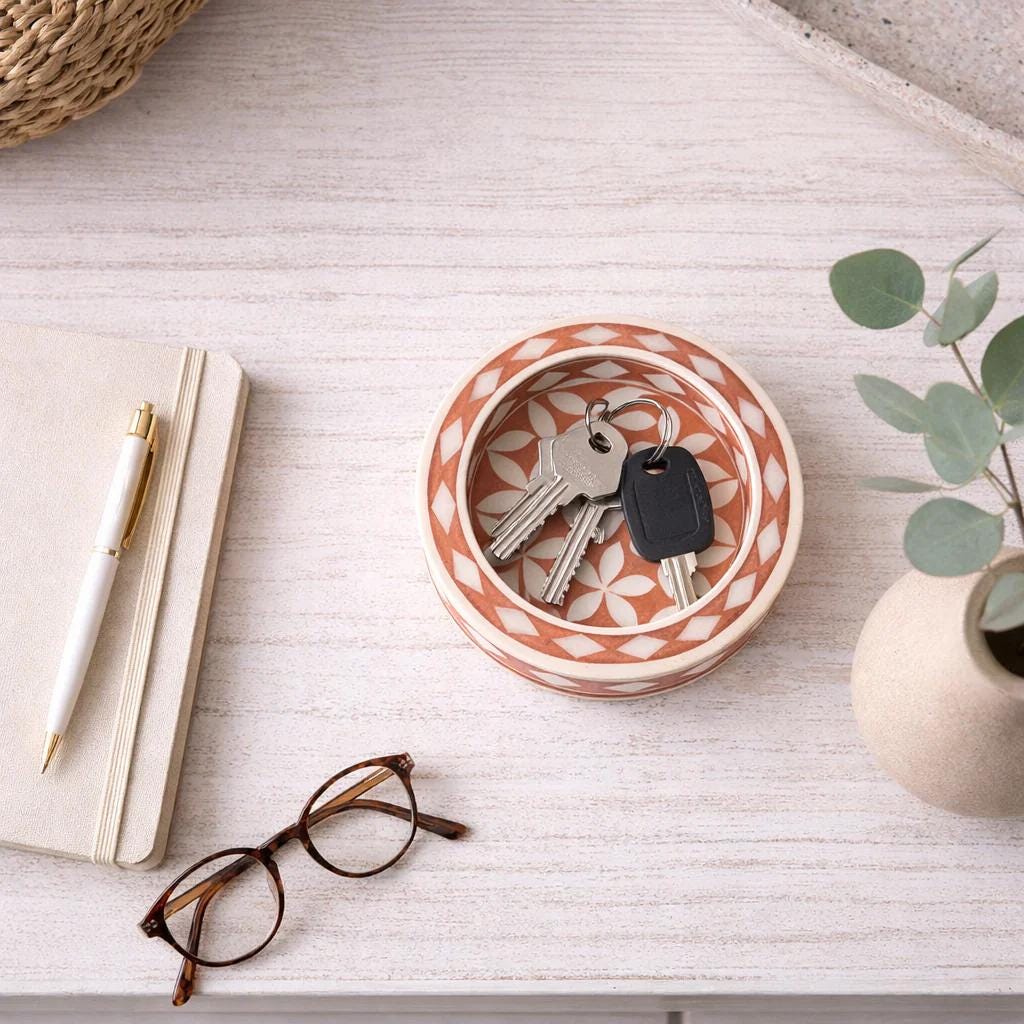 Round Bone Inlay Trinket Tray Handmade Jewelry Dish Luxury Vanity Decor
