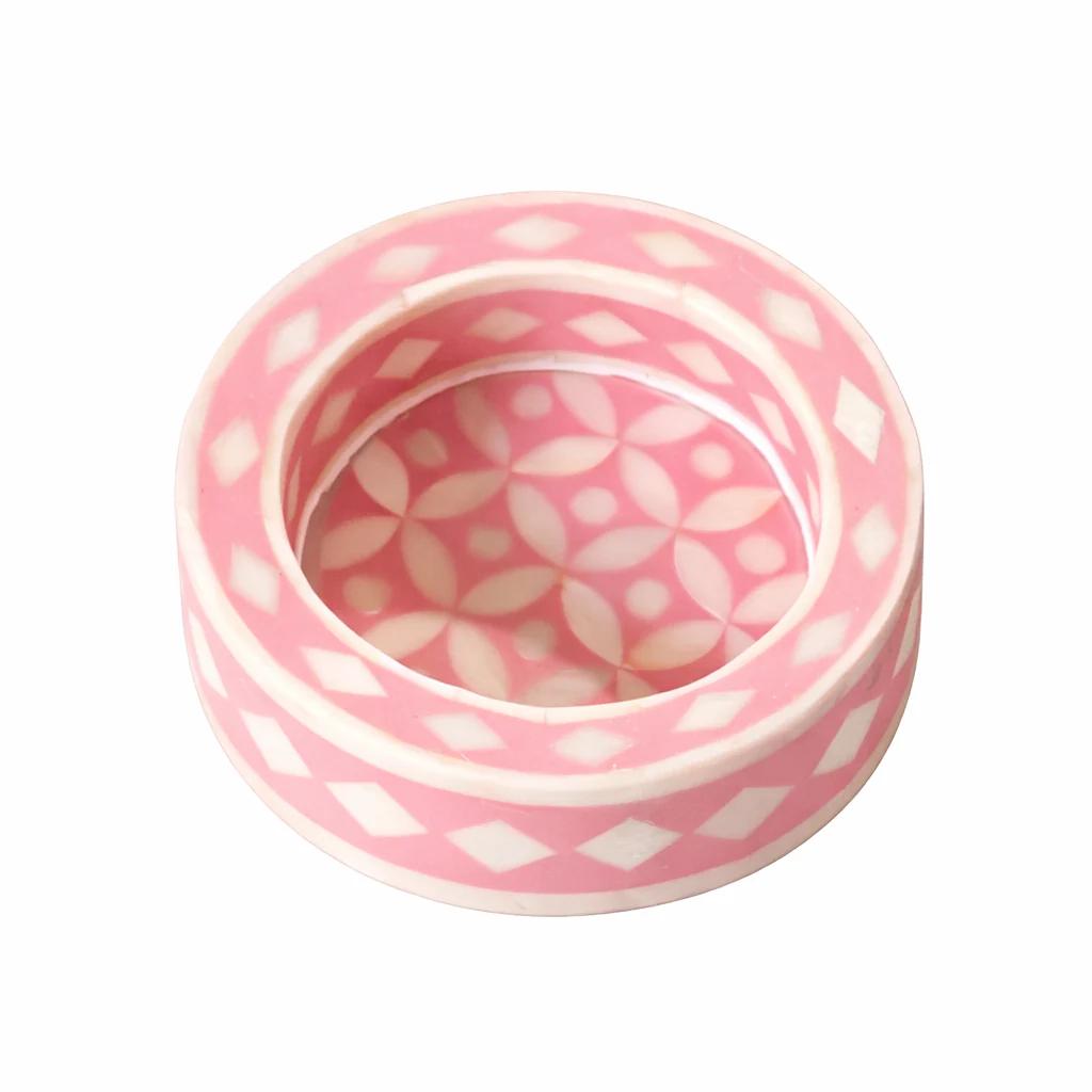 Pink Bone Inlay Trinket Tray Round Jewelry Dish Handmade Vanity Decor