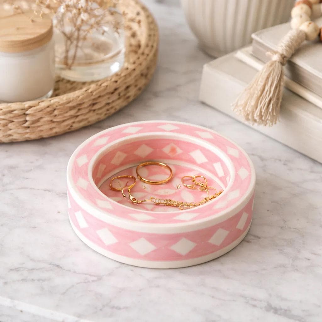 Pink Bone Inlay Trinket Tray Round Jewelry Dish Handmade Vanity Decor