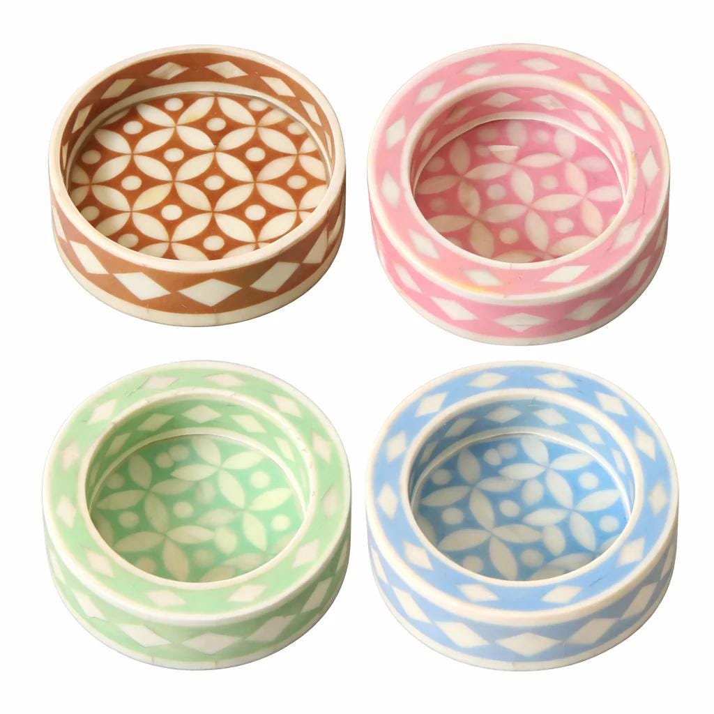 Pink Bone Inlay Trinket Tray Round Jewelry Dish Handmade Vanity Decor
