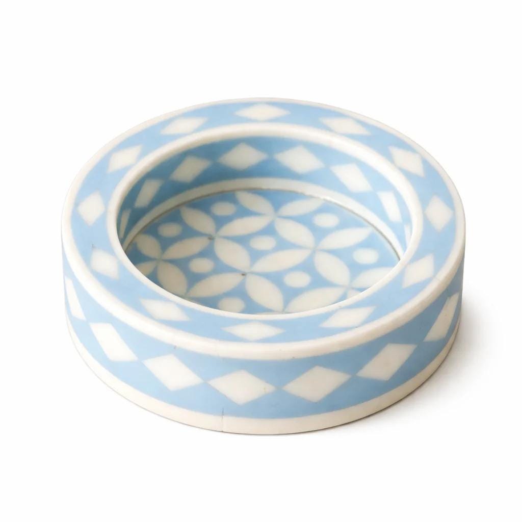 Soft Blue Bone Inlay Trinket Tray Round Jewelry Dish Handmade Vanity Decor