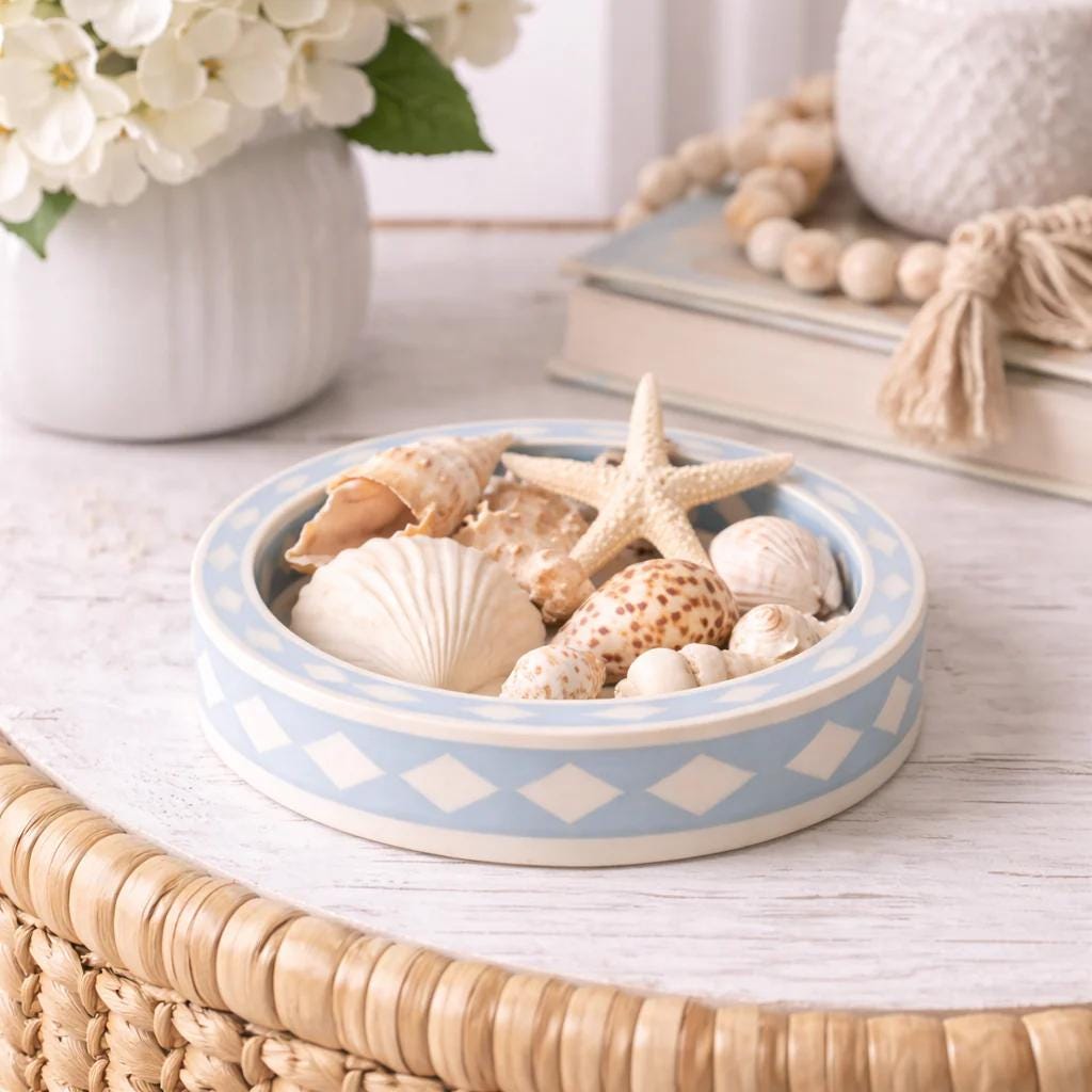 Soft Blue Bone Inlay Trinket Tray Round Jewelry Dish Handmade Vanity Decor