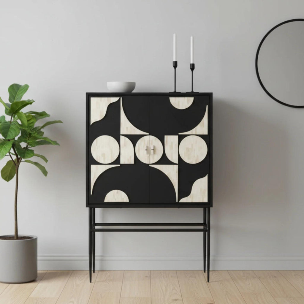Modern Bar Cabinet with Storage Abstract Bone Inlay Handmade Liquor Cabinet