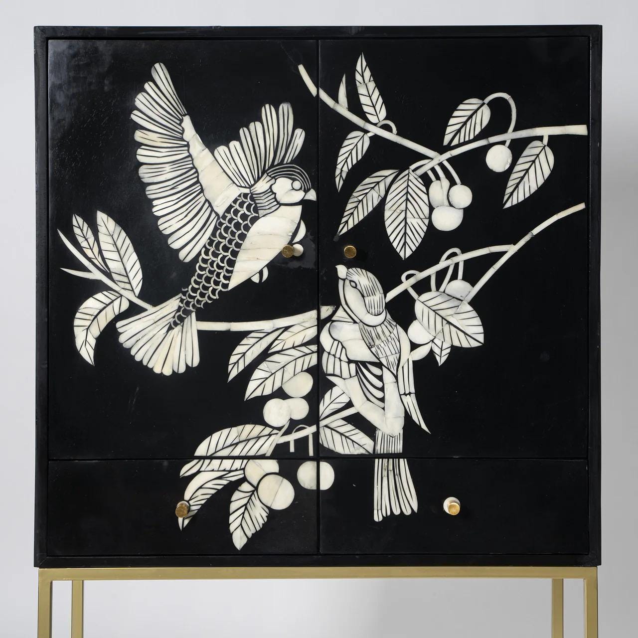 Bird Pattern Bar Cabinet with Storage Bone Inlay Handmade Liquor Cabinet