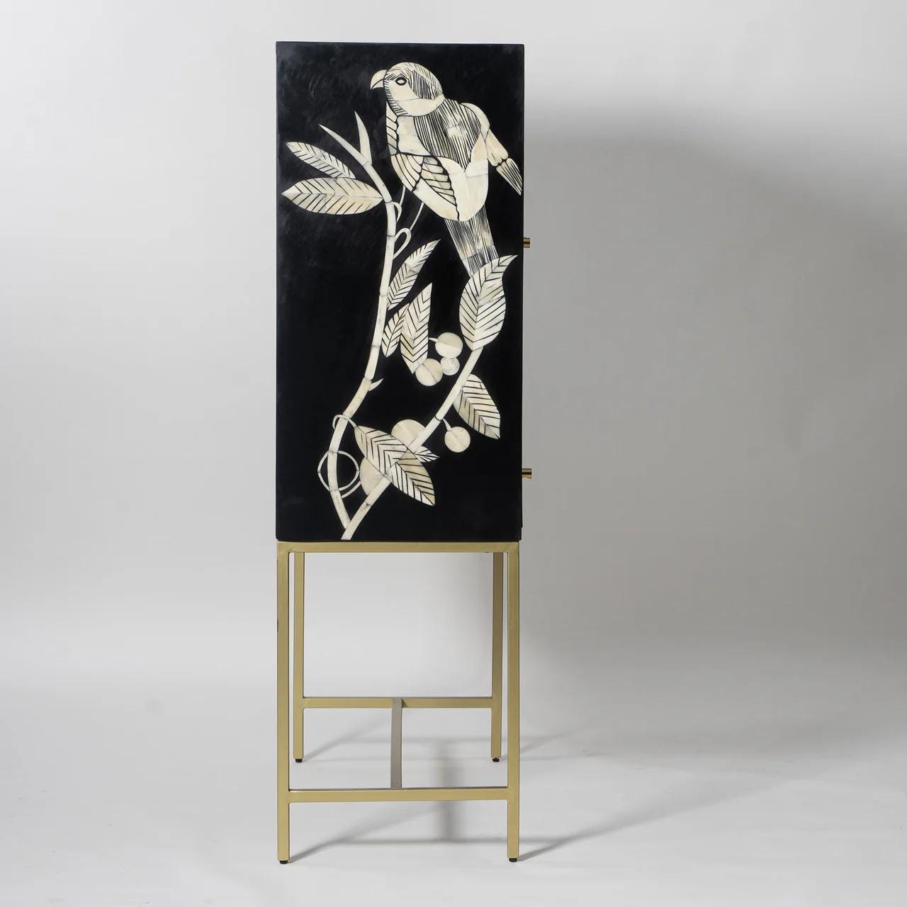 Bird Pattern Bar Cabinet with Storage Bone Inlay Handmade Liquor Cabinet