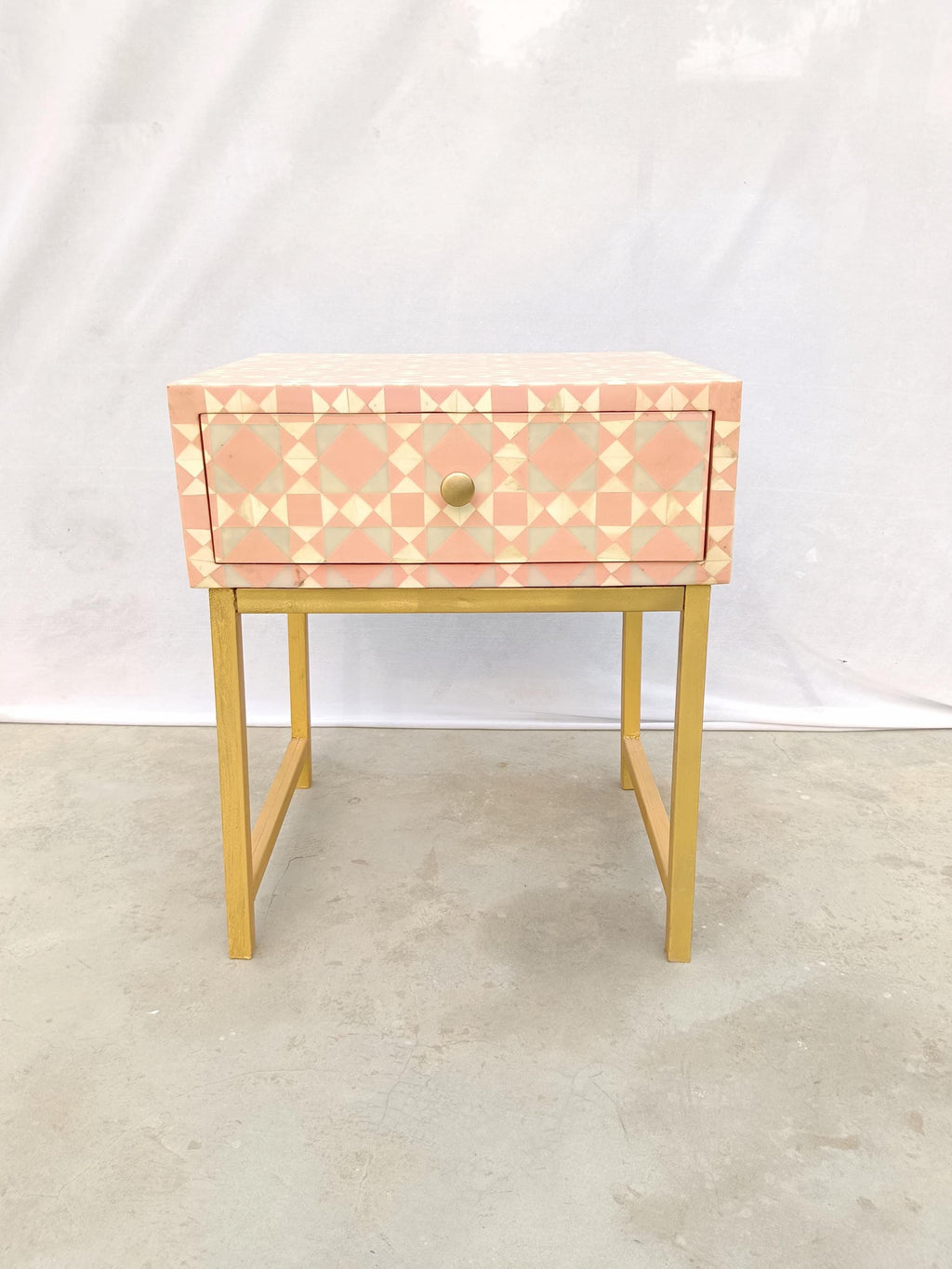 Blush pink Geometric Bone Inlay Bedside Table, Golden Metal Legs, Handmade Luxury Side Table
