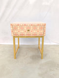 Blush pink Geometric Bone Inlay Bedside Table, Golden Metal Legs, Handmade Luxury Side Table