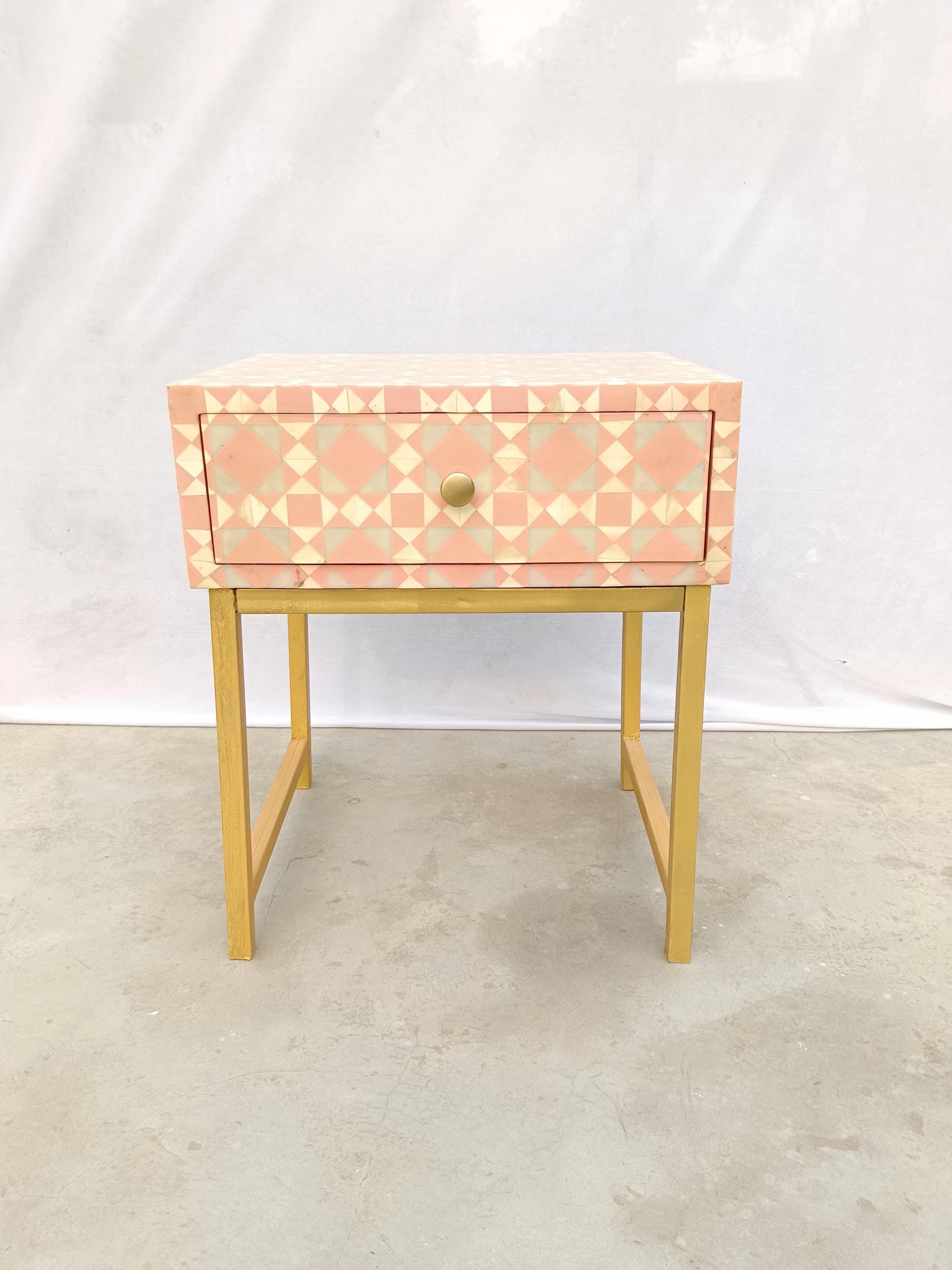 Blush pink Geometric Bone Inlay Bedside Table, Golden Metal Legs, Handmade Luxury Side Table
