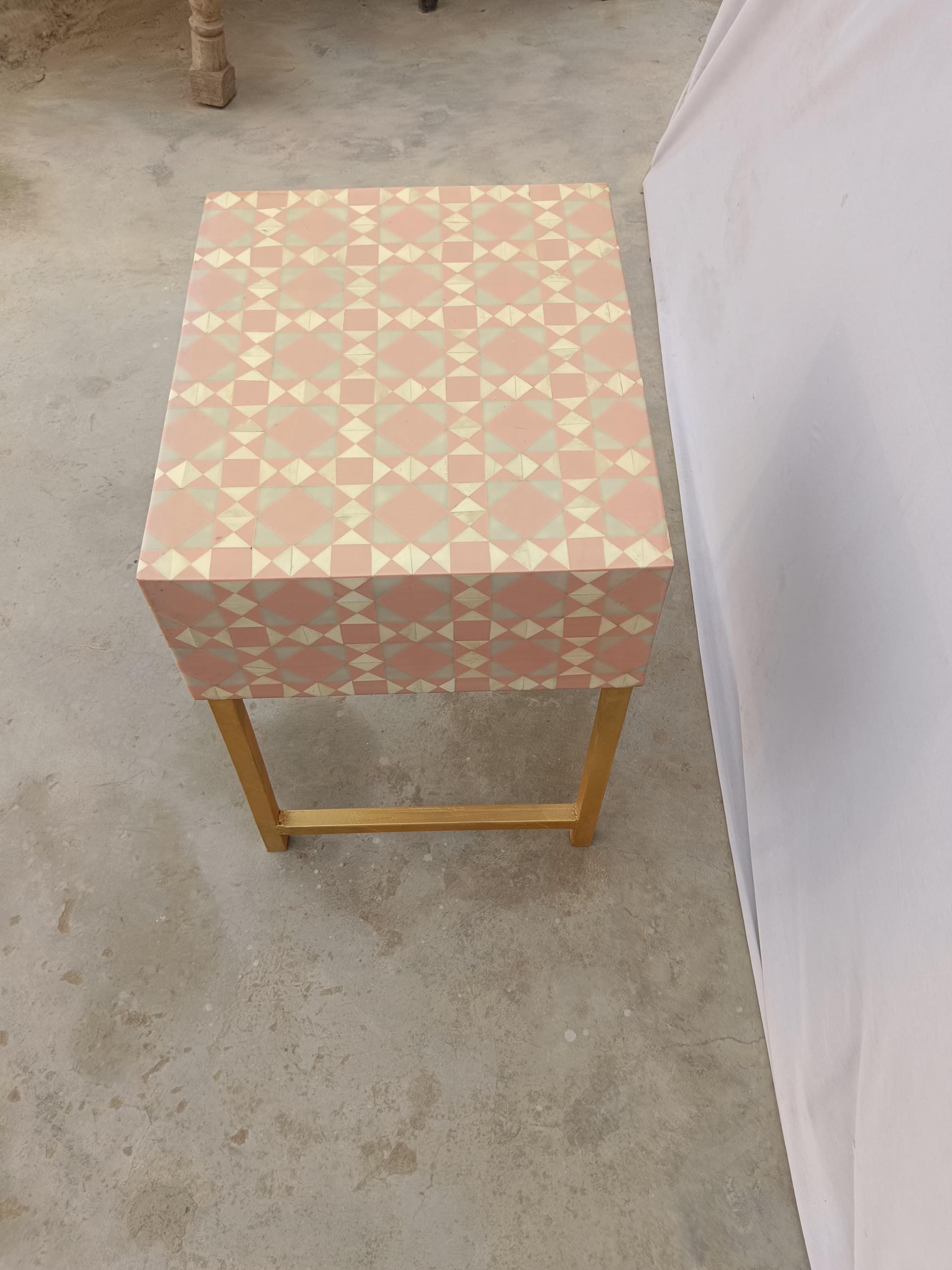 Blush pink Geometric Bone Inlay Bedside Table, Golden Metal Legs, Handmade Luxury Side Table