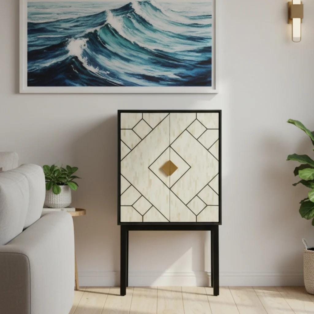 Modern Bar Cabinet with Storage Bone Inlay Handmade Liquor Cabinet