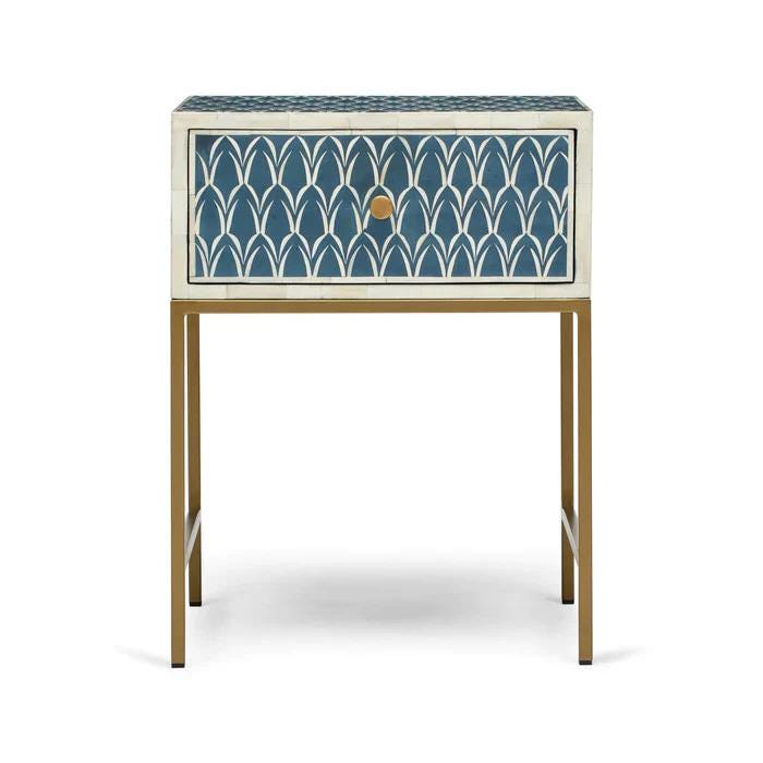Indigo Bedside Table One Drawer Bone Inlay Metal Legs Arched Nightstand