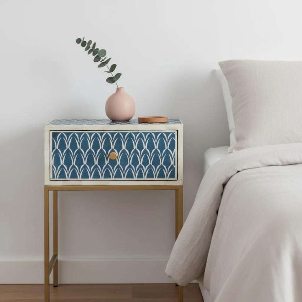 Indigo Bedside Table One Drawer Bone Inlay Metal Legs Arched Nightstand