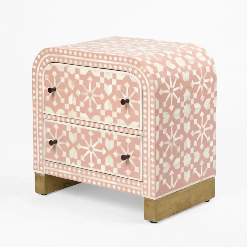 Moroccan Bone Inlay Bedside Table Two Drawer Handmade Luxury Nightstand
