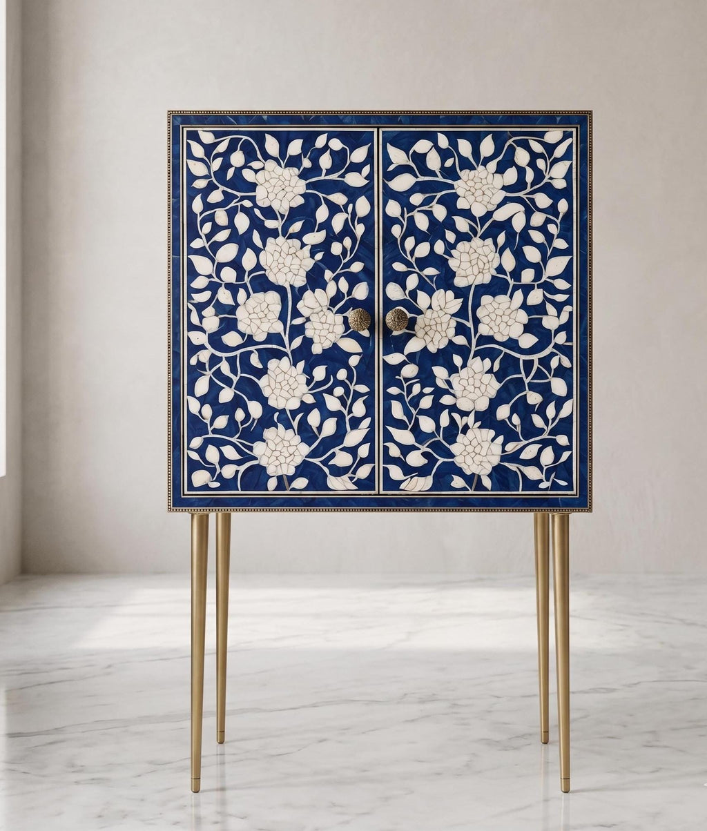 Floral Bar Cabinet with Storage Bone Inlay Handmade Liquor Cabinet