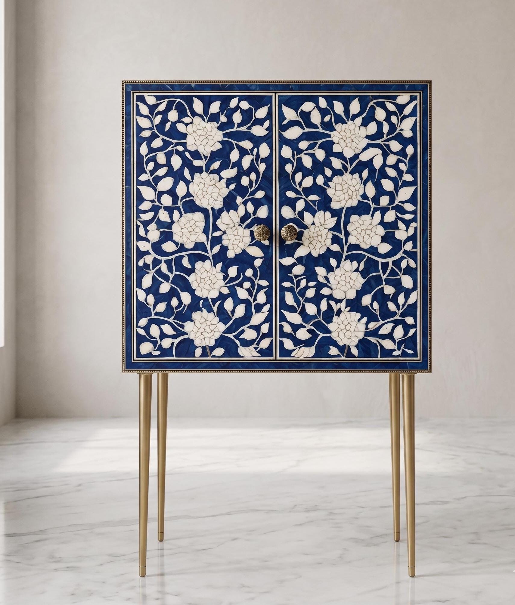Floral Bar Cabinet with Storage Bone Inlay Handmade Liquor Cabinet