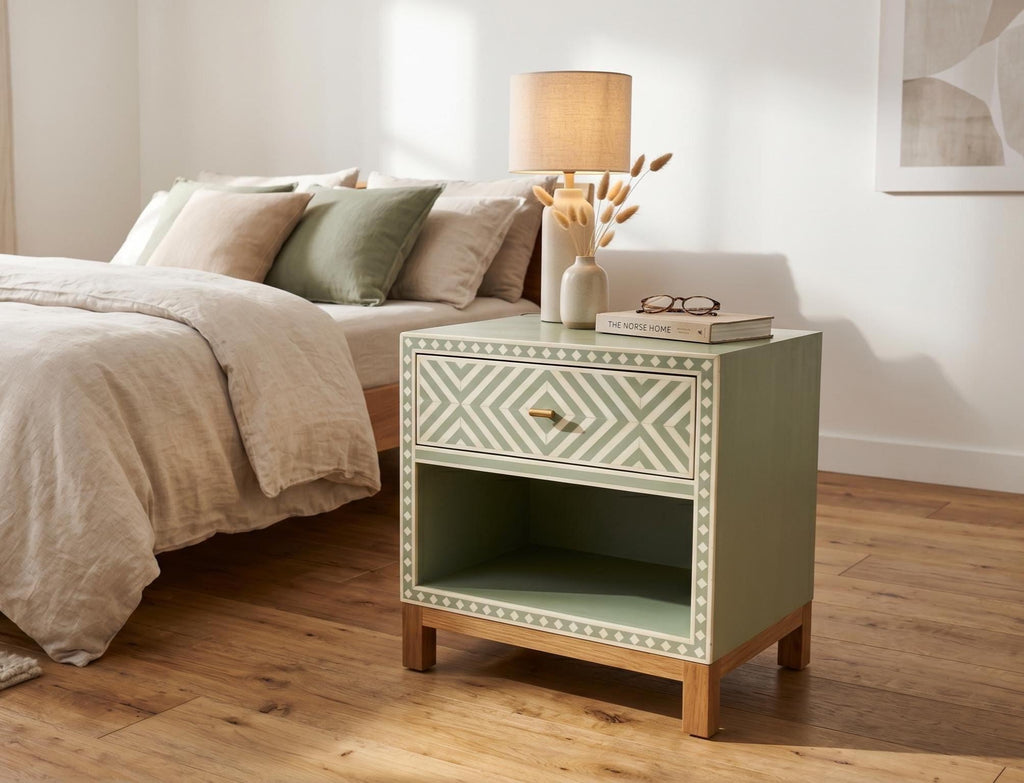 Sage Green Bedside Table Bone Inlay Nightstand Storage Cabinet endtable