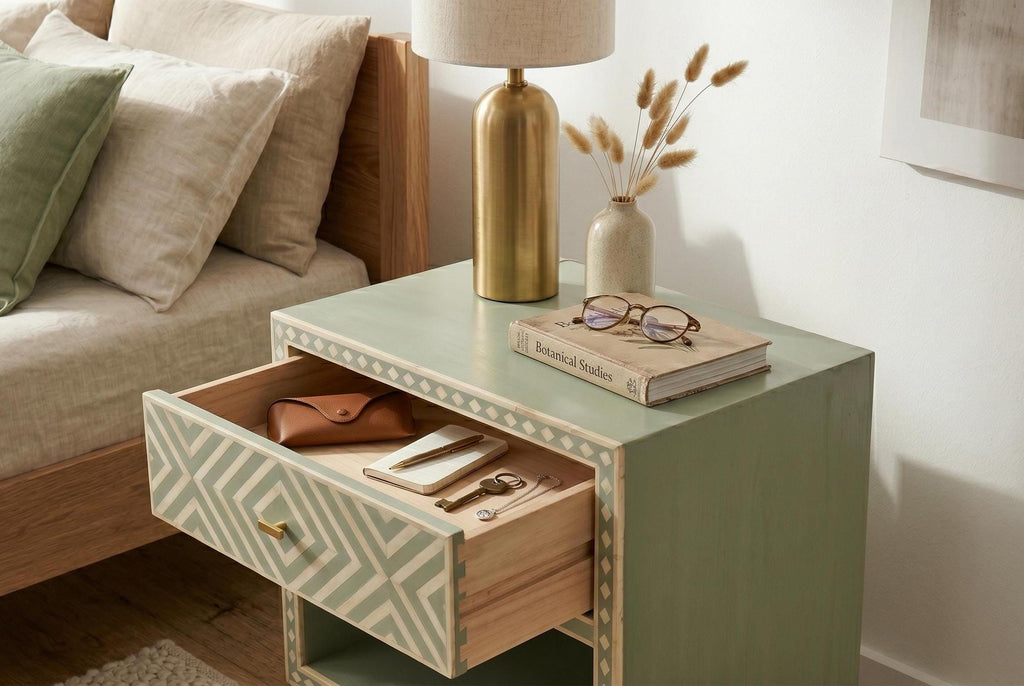 Sage Green Bedside Table Bone Inlay Nightstand Storage Cabinet endtable
