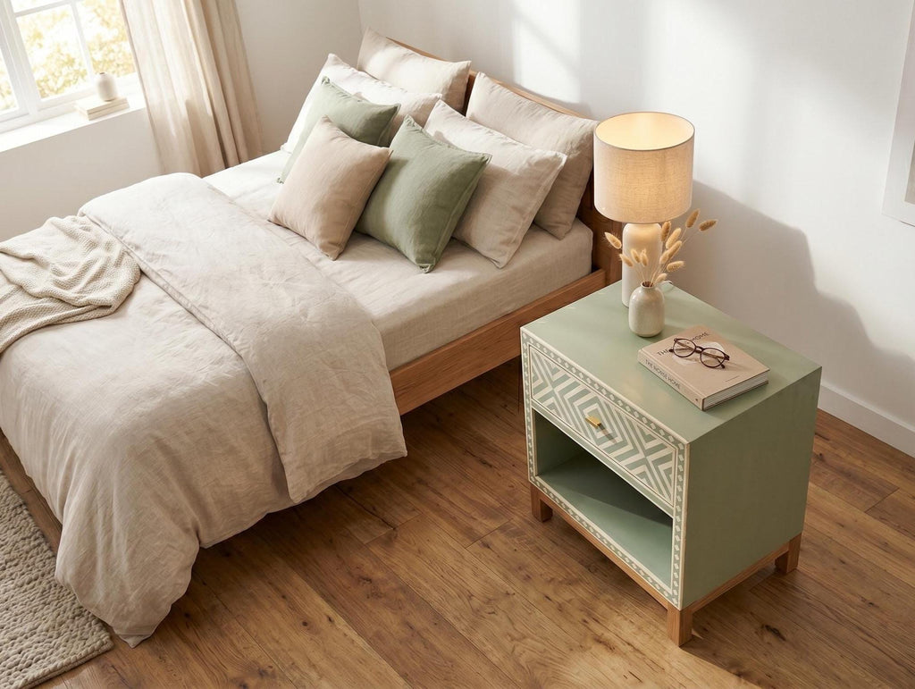 Sage Green Bedside Table Bone Inlay Nightstand Storage Cabinet endtable