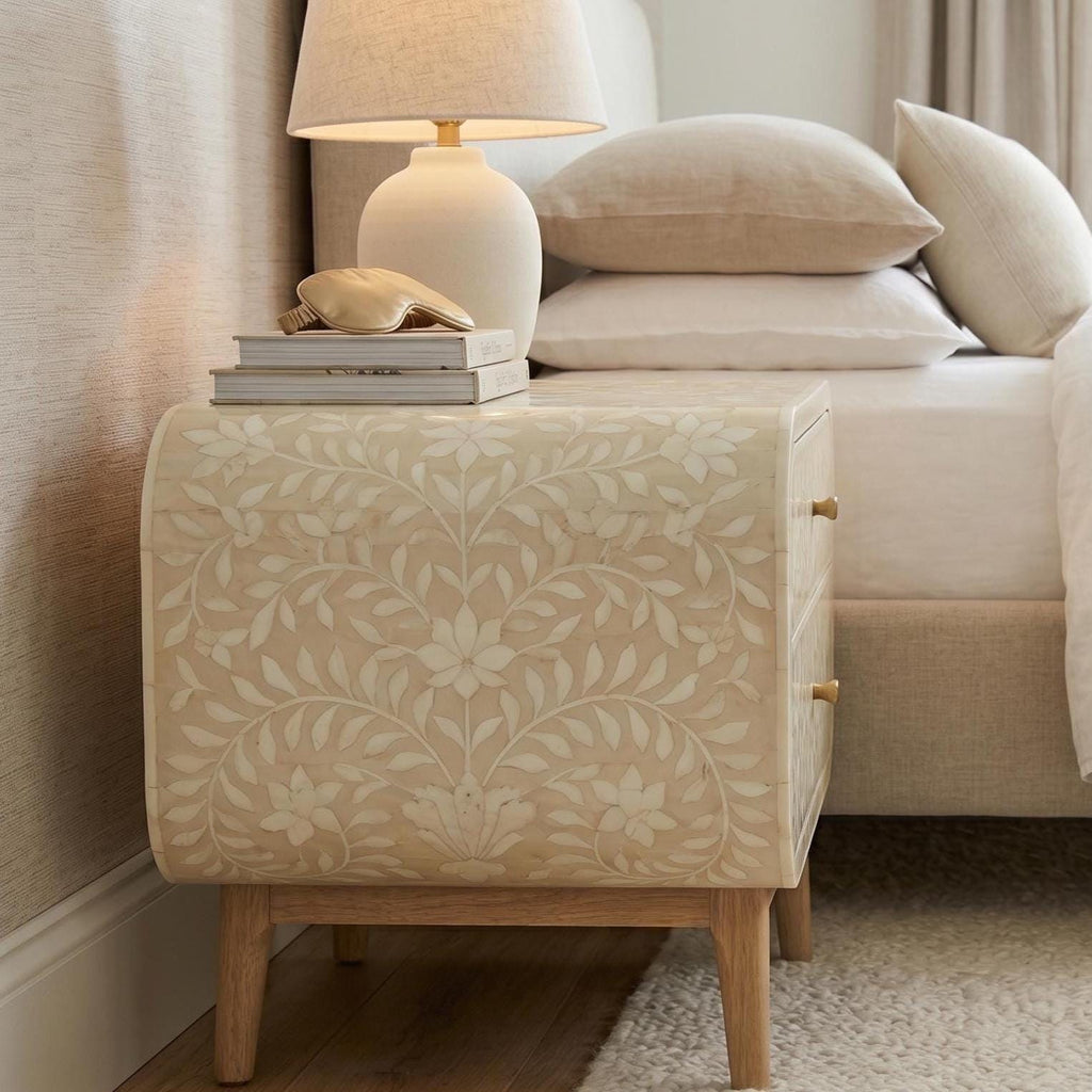 Bone Inlay floral Curved Bedside Table Floral Handmade Nightstand