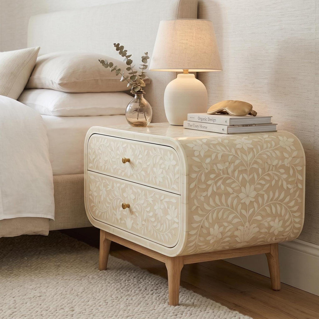 Bone Inlay floral Curved Bedside Table Floral Handmade Nightstand