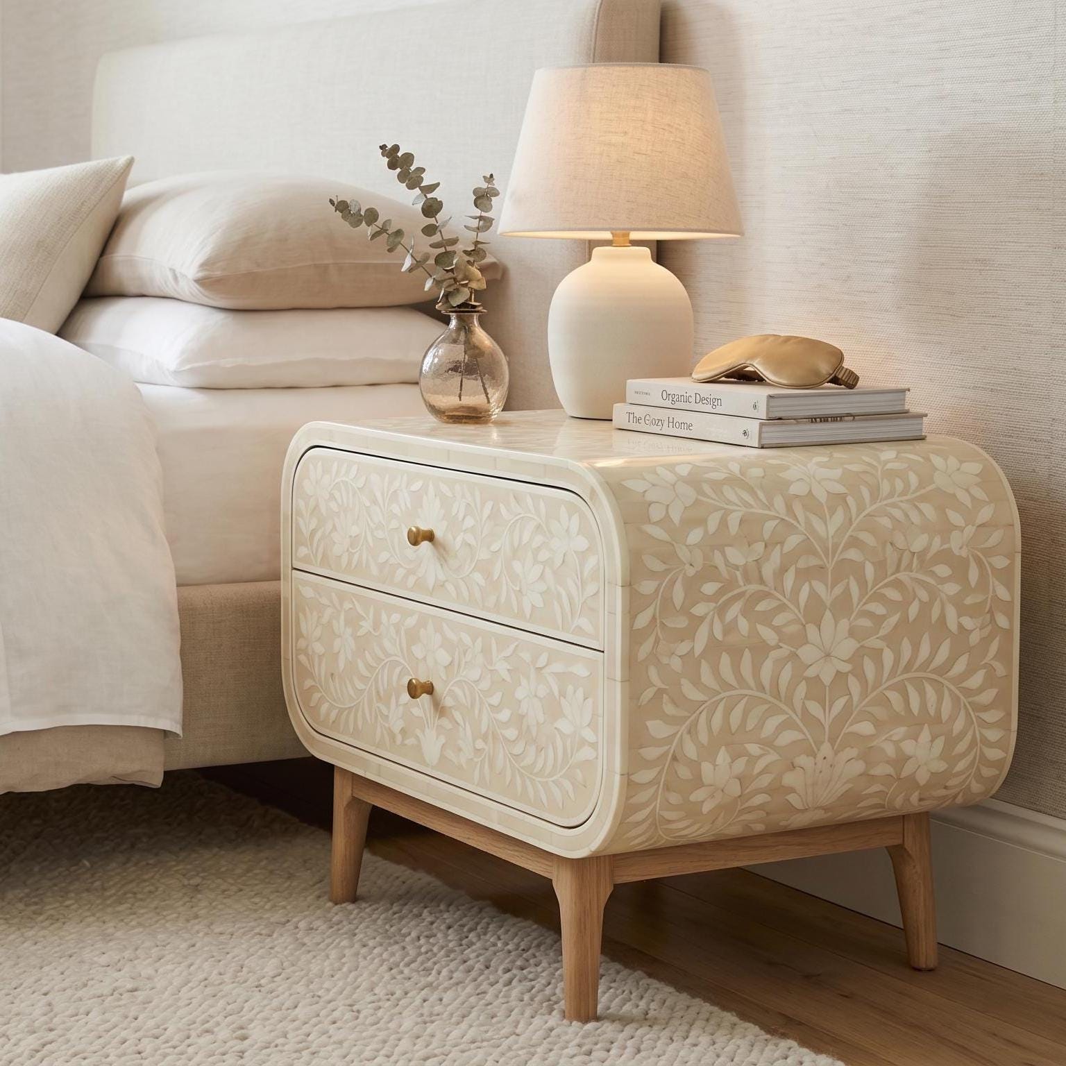 Bone Inlay floral Curved Bedside Table Floral Handmade Nightstand
