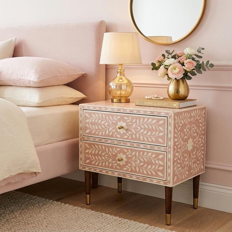 Blush Pink Floral Bedside Table 2 Drawer Bone Inlay Nightstand Storage