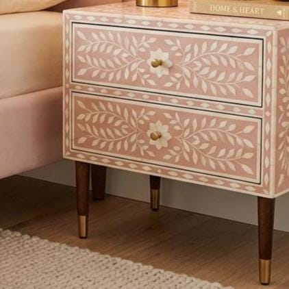 Blush Pink Floral Bedside Table 2 Drawer Bone Inlay Nightstand Storage