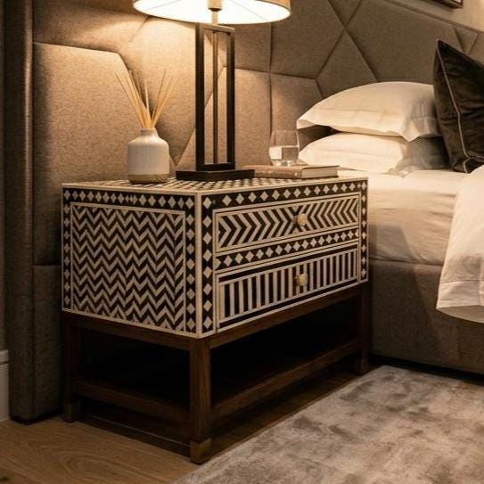 Geometric Bone Inlay Nightstand Storage , end table unique bedside