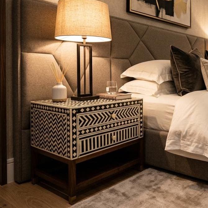 Geometric Bone Inlay Nightstand Storage , end table unique bedside
