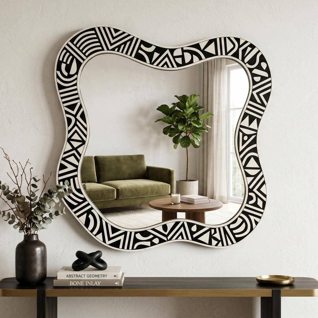 handmade Wall Mirror Organic Shape Bone Inlay Asymmetrical Vanity Decor | antique mirror