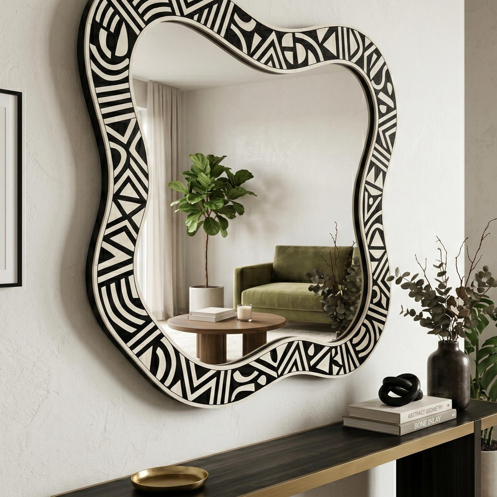 handmade Wall Mirror Organic Shape Bone Inlay Asymmetrical Vanity Decor | antique mirror
