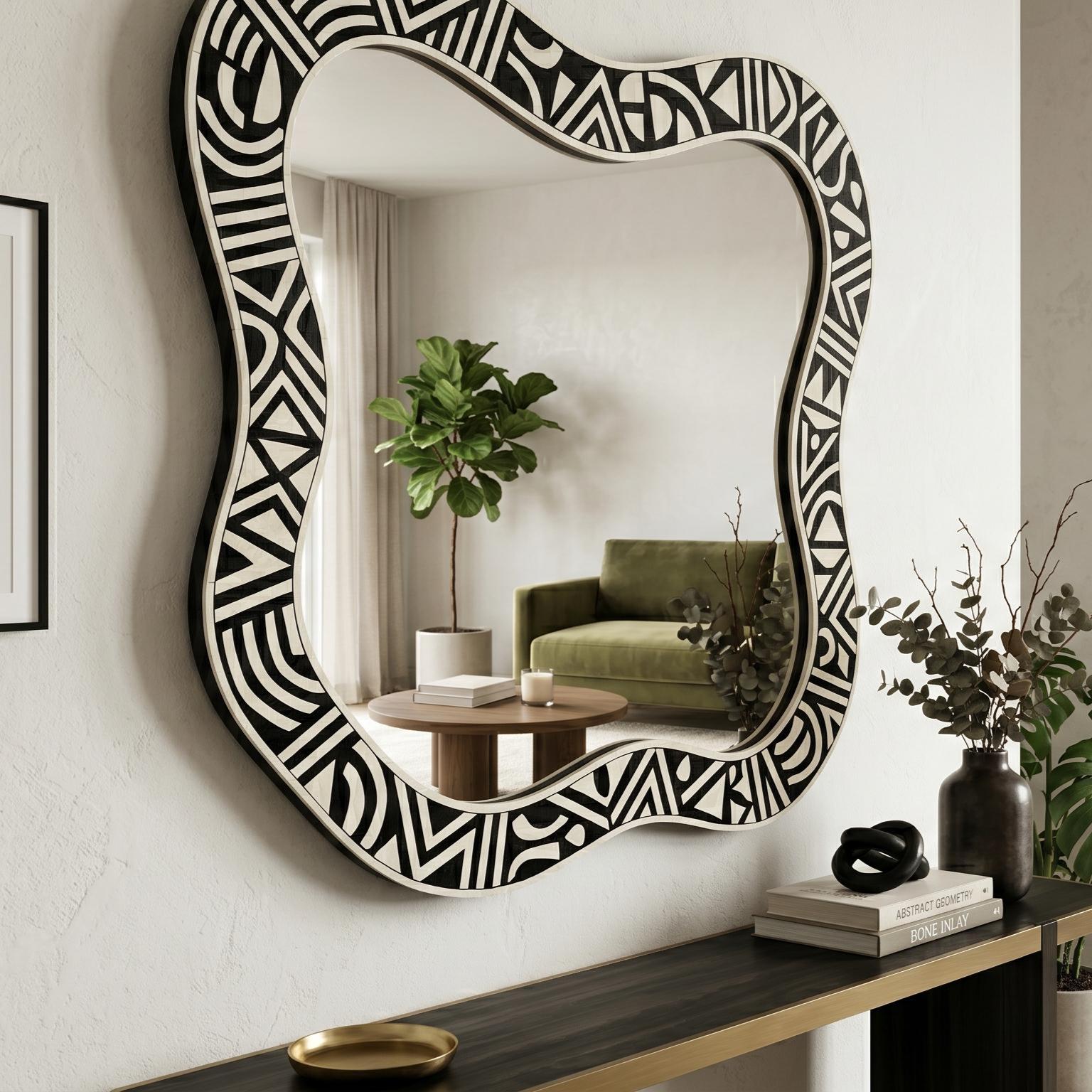handmade Wall Mirror Organic Shape Bone Inlay Asymmetrical Vanity Decor | antique mirror