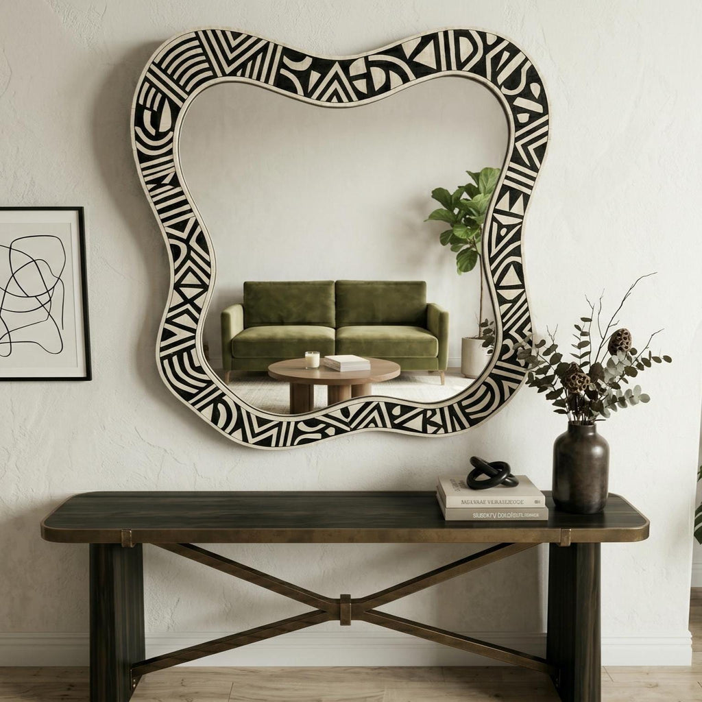 handmade Wall Mirror Organic Shape Bone Inlay Asymmetrical Vanity Decor | antique mirror