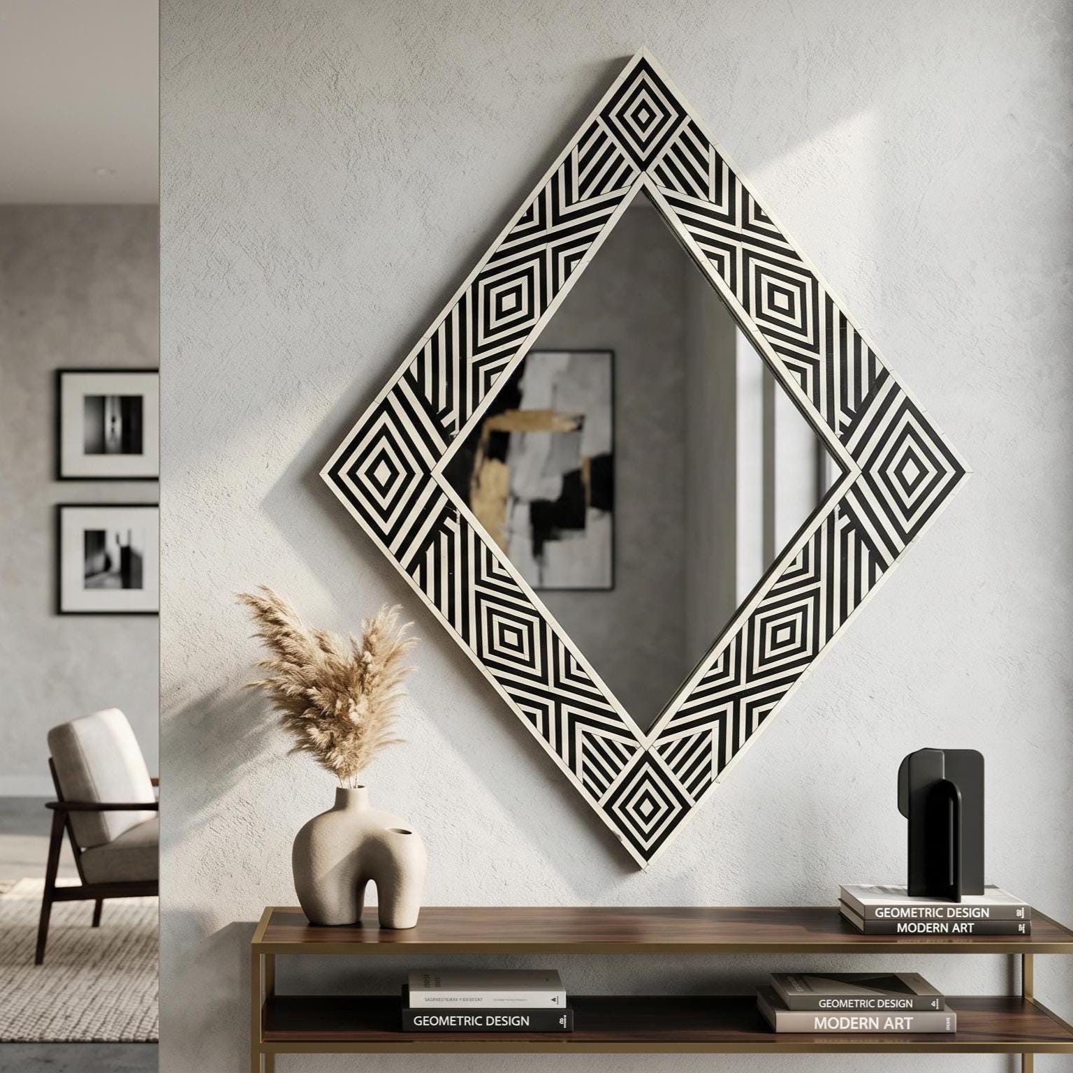 Diamond Bone Inlay Mirror, Black White Geometric Wall Decor, Handmade Vanity Piece | unique mirror