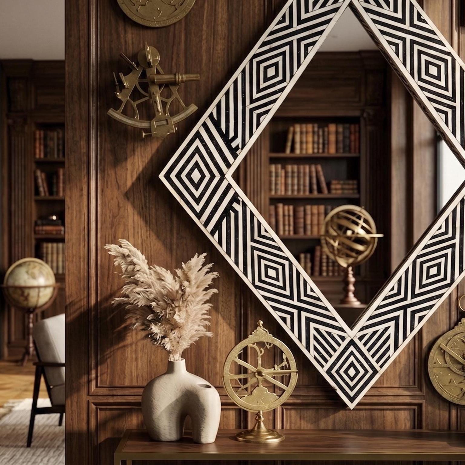 Diamond Bone Inlay Mirror, Black White Geometric Wall Decor, Handmade Vanity Piece | unique mirror