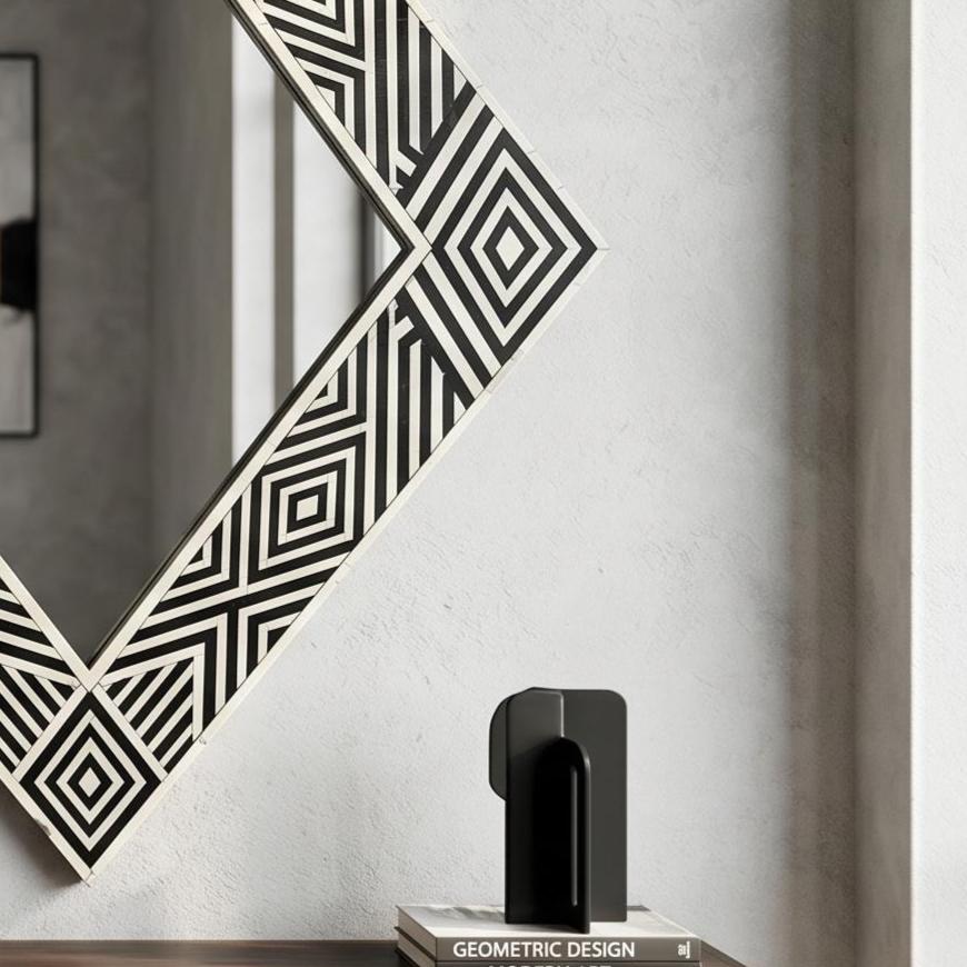 Diamond Bone Inlay Mirror, Black White Geometric Wall Decor, Handmade Vanity Piece | unique mirror