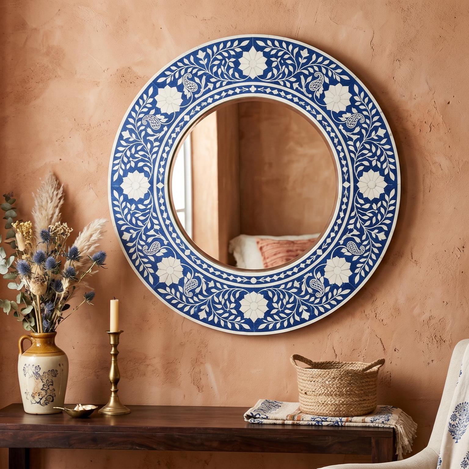 Blue White Floral Bone Inlay Mirror, Handmade Decorative Wall Piece, Luxury Vanity Decor