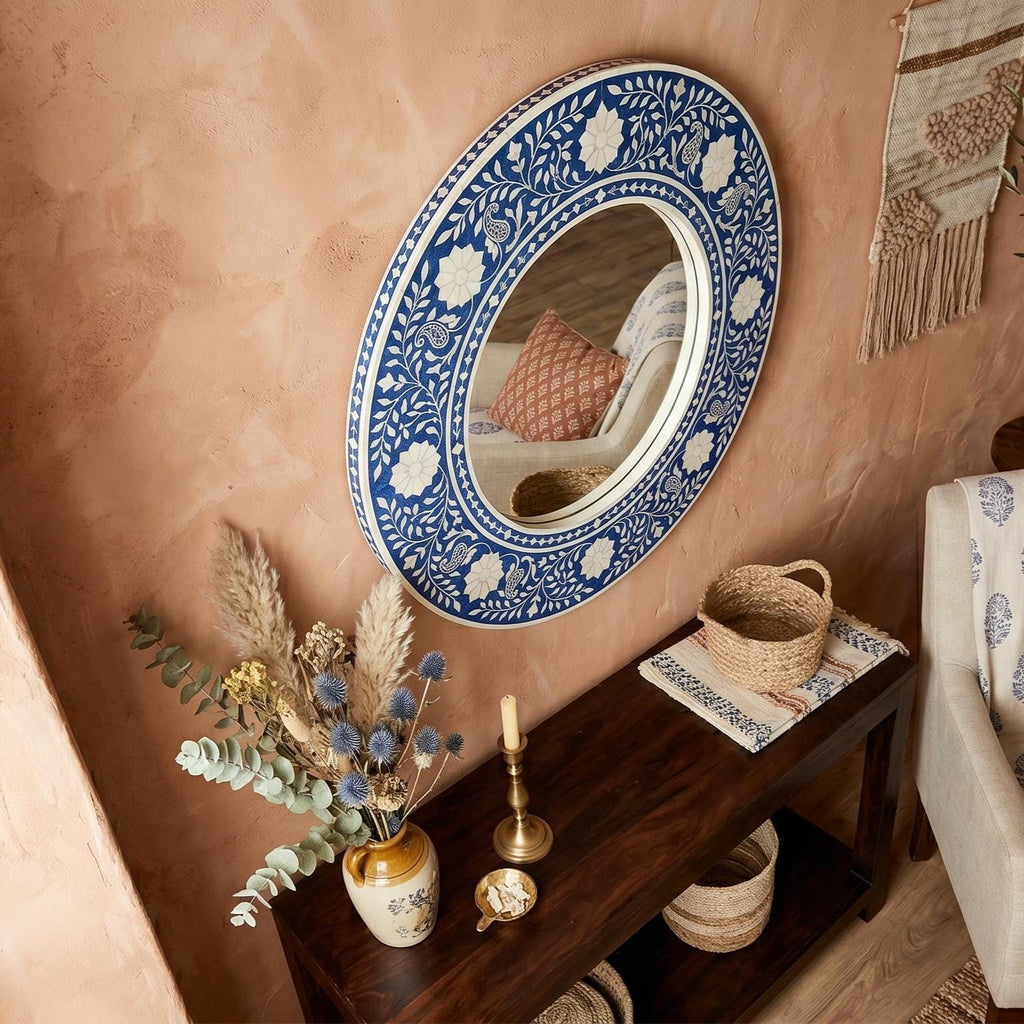 Blue White Floral Bone Inlay Mirror, Handmade Decorative Wall Piece, Luxury Vanity Decor