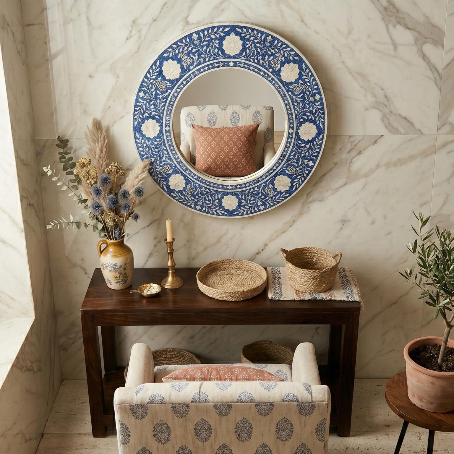 Blue White Floral Bone Inlay Mirror, Handmade Decorative Wall Piece, Luxury Vanity Decor