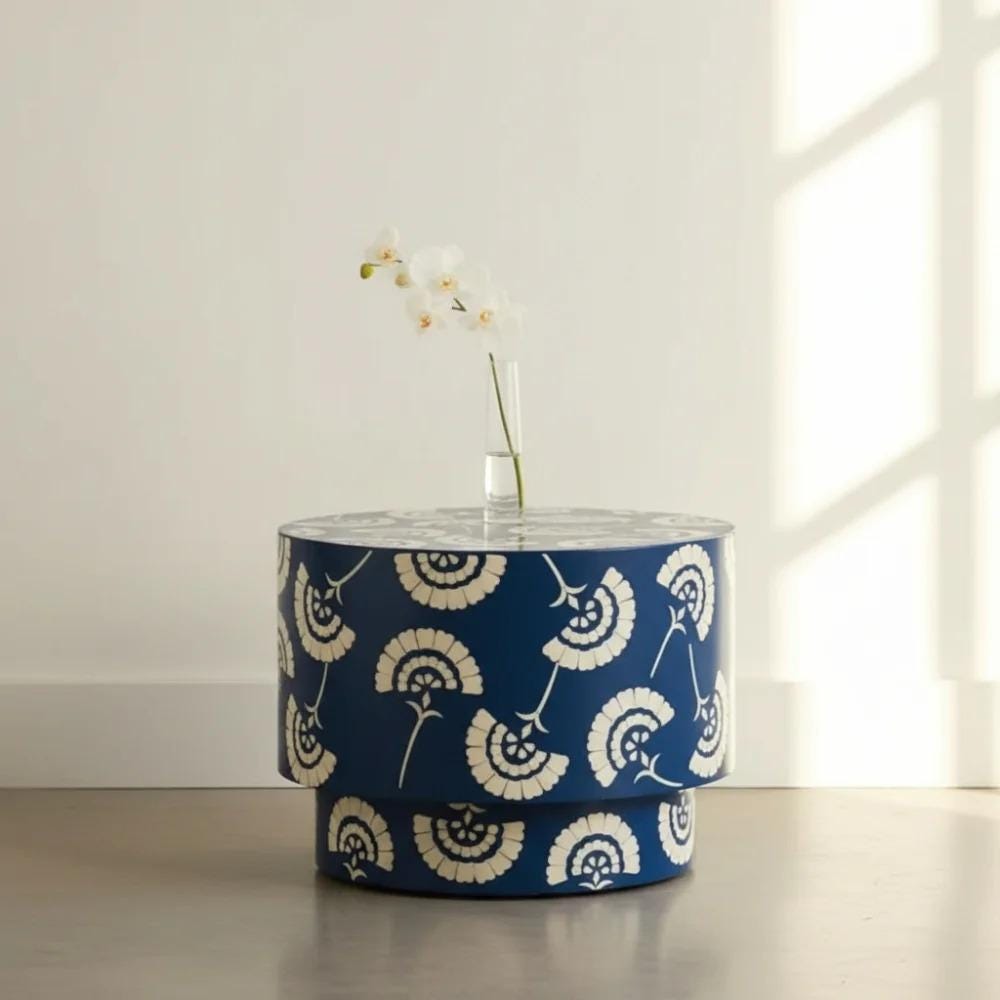 Round Mango Wood Inlay Side Table - Handivive Nightstand