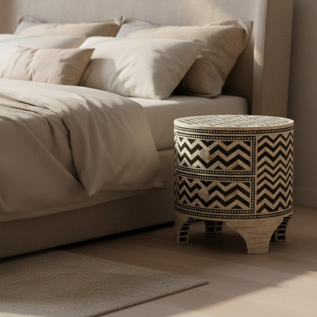 Zigzag Bone Inlay Round 2-Drawer Nightstand - Handivive endtables
