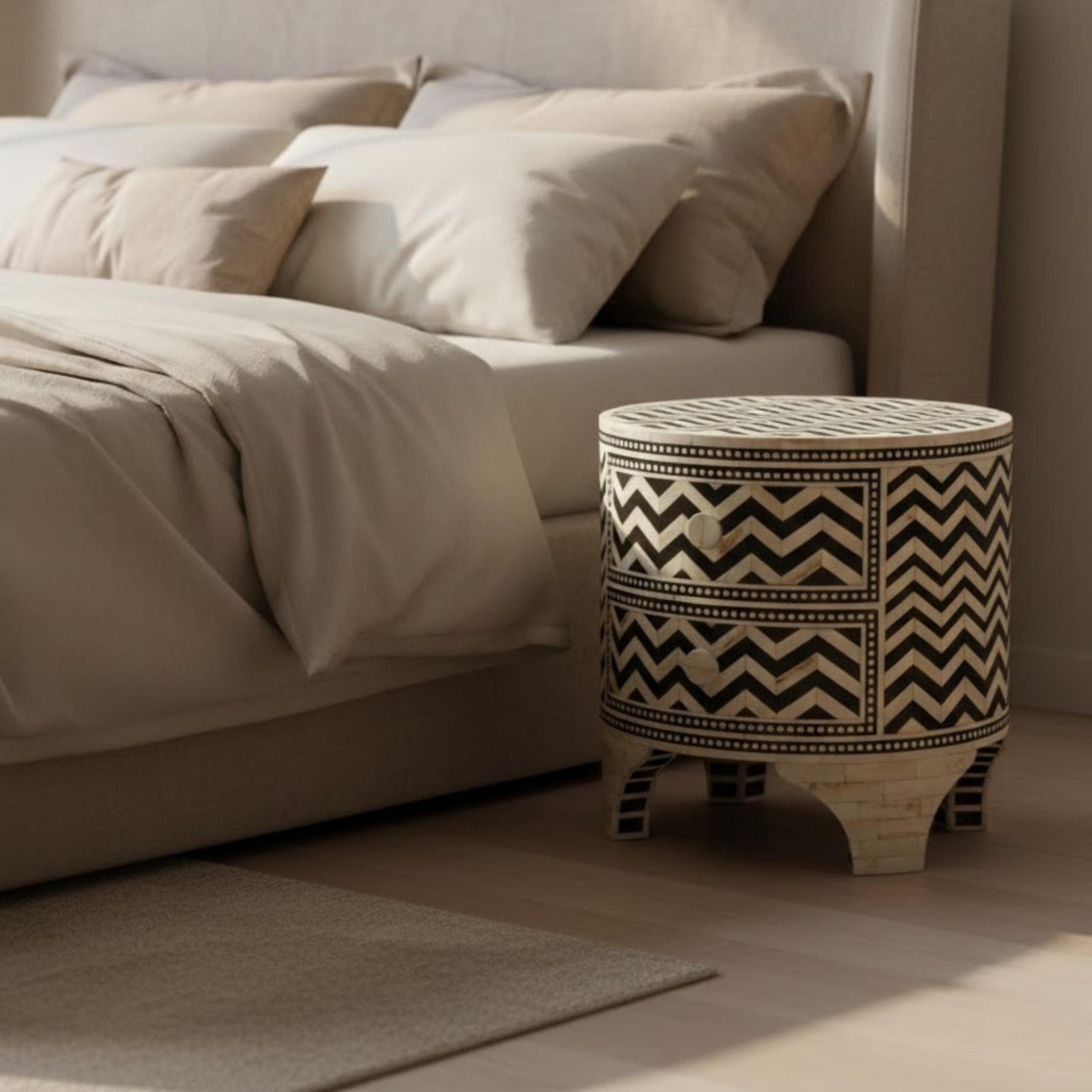 Zigzag Bone Inlay Round 2-Drawer Nightstand - Handivive endtables