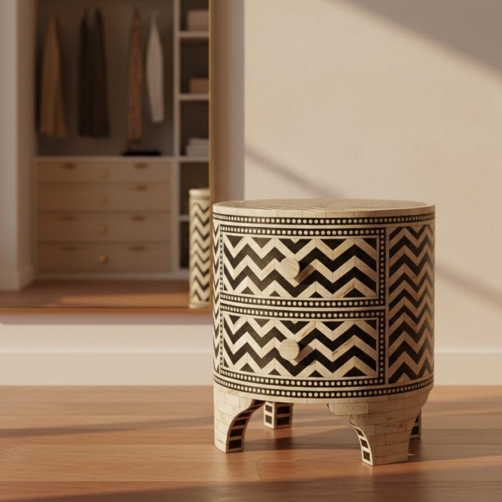 Zigzag Bone Inlay Round 2-Drawer Nightstand - Handivive endtables