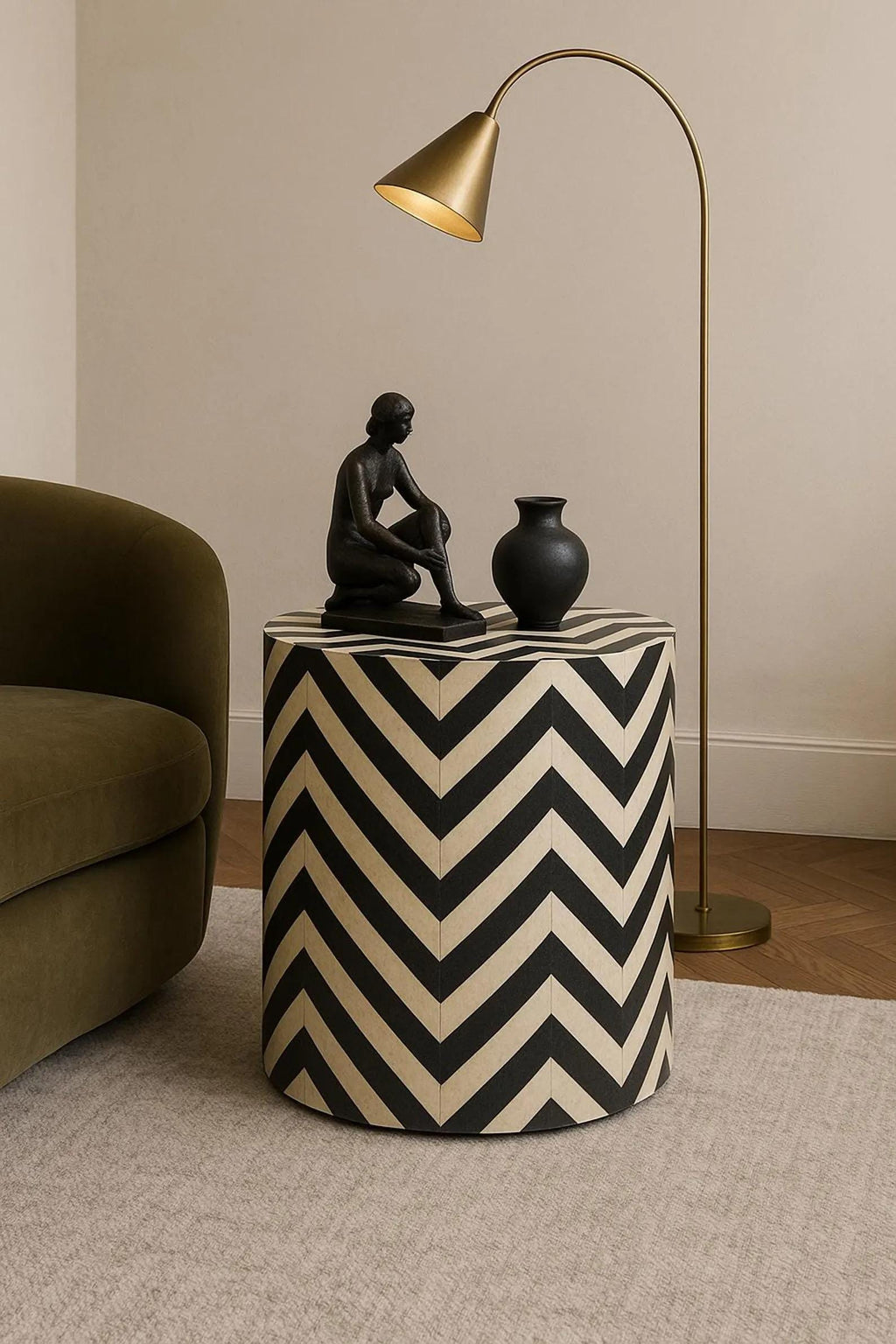Zigzag Bone Inlay Round Bedside Table - Handivive handmade endtables
