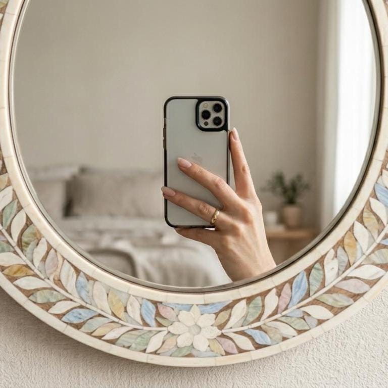 Oval Bone Inlay Floral Mirror – Boho Home Decor, Artisan Crafted Ivory Floral Wall Accent