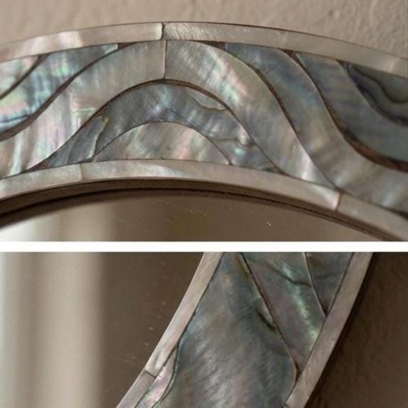 Oval Mother of Pearl Inlay Mirror, Handcrafted Floral Coastal Vanity Accent