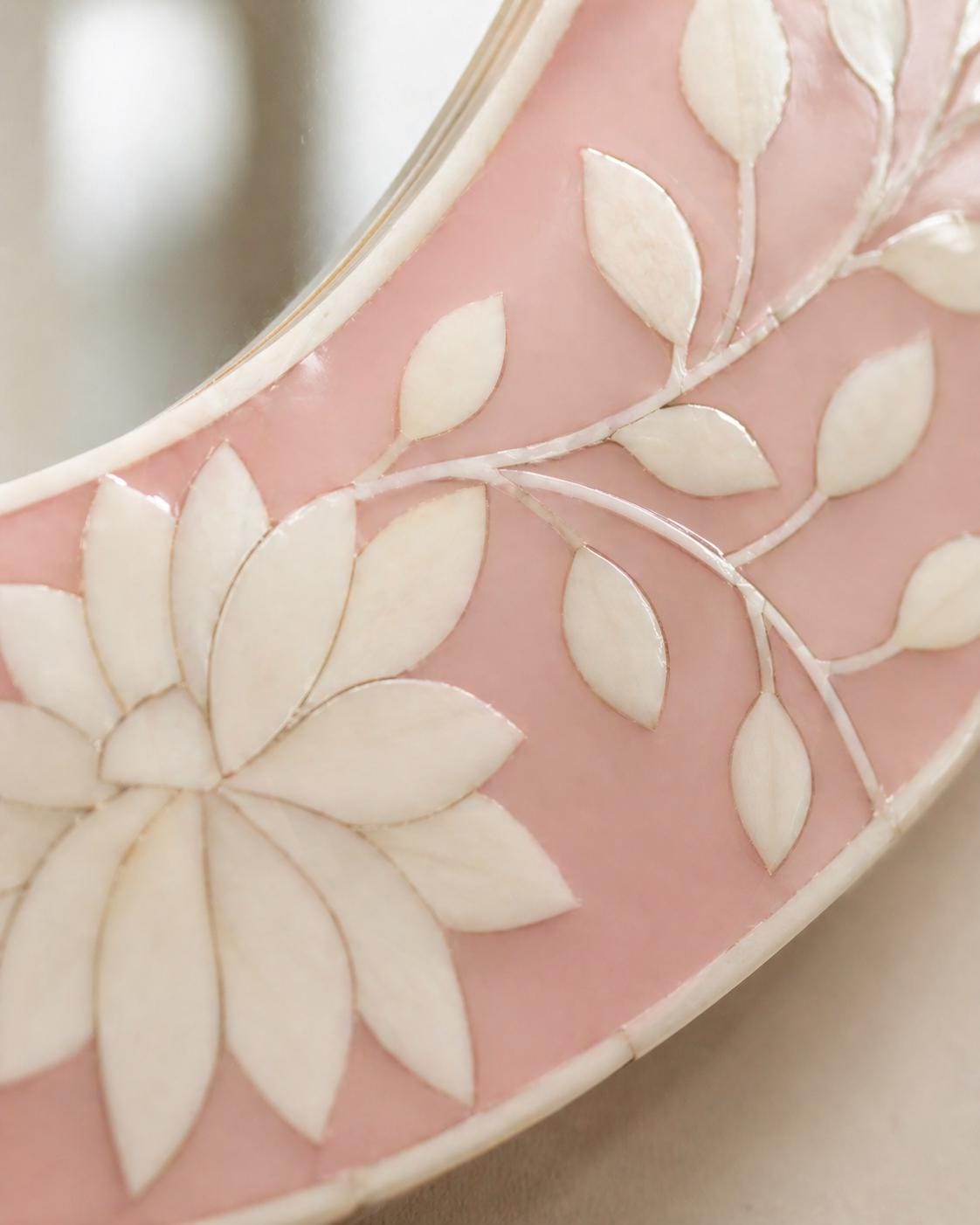 Blush Pink Oval Bone Inlay Mirror, Handmade Floral Vanity Decor | unique mirror