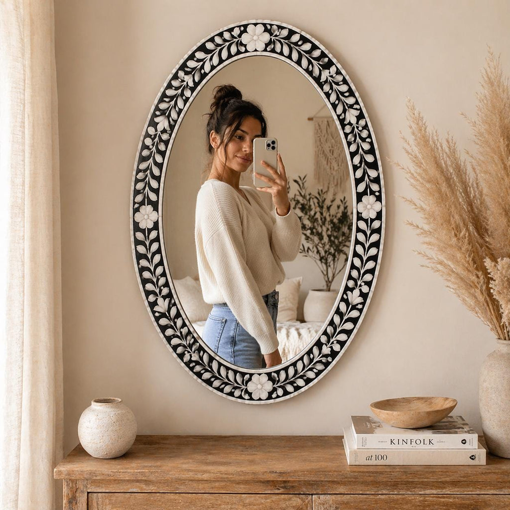Black White Floral Oval Mirror Bone Inlay Handmade Wall Vanity Decor